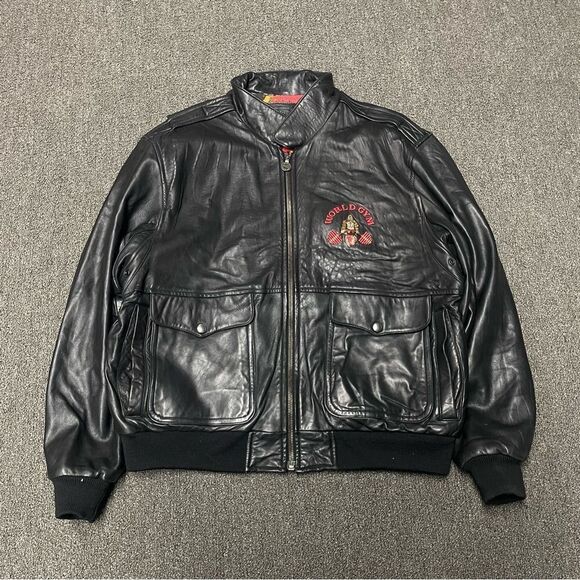 Vintage Tony Nowak Collection World Gym Black Leather Biker Jacket Fits Large XL - Picture 1 of 7
